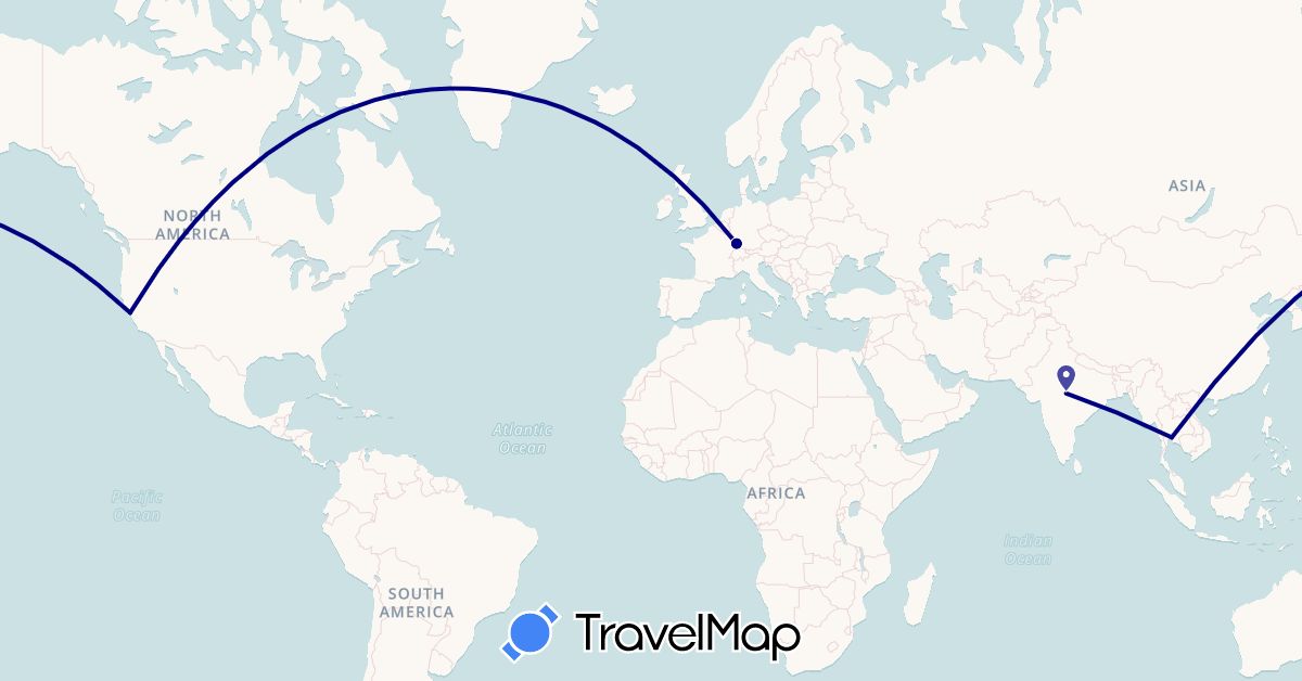 TravelMap itinerary: driving in France, India, Thailand, United States (Asia, Europe, North America)